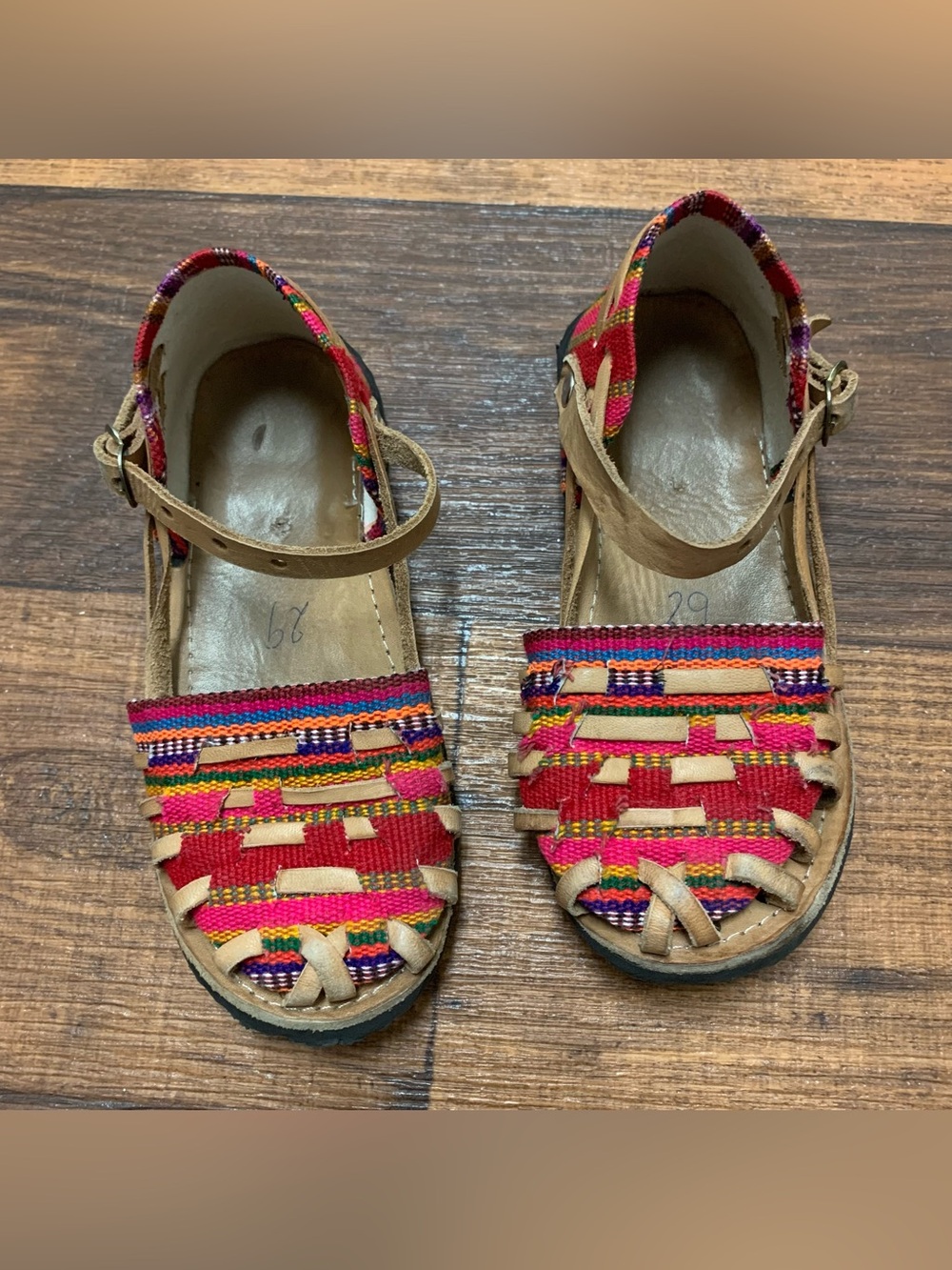 Colorful Woven Leather Mary Jane Sandals Handmade Girls Mexican Sz 29 (11 USA)